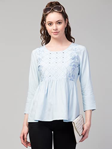 Image of FIMS - Fashion is my style Women Cotton Pleated & Gathered Embroidery Stone Full Sleeves Top Regular Fit Round Neck Tops for Girls