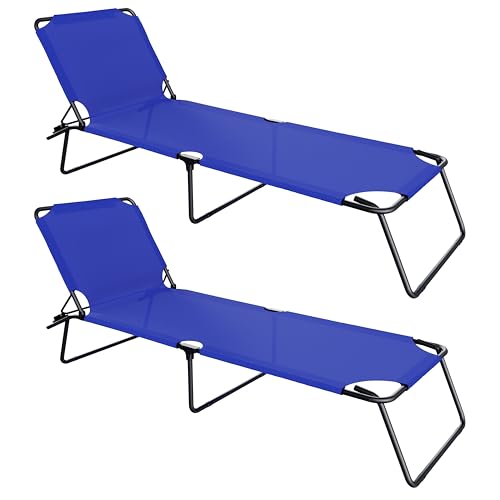 Coppia Lettini da Mare Prendisole Pieghevole Classico Struttura Metallo Reclinabile Rivestimento in Tessuto Traspirante Esterno Giardino Terrazzo Piscina Spiaggia Campeggio 24 x 187 x 53 cm (Blue)