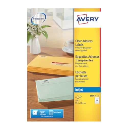 Avery Self-Adhesive Clear Address Labels for parcels envelopes and Crafting 14 Labels Per A4 Sheet -Transparent Stickers (J8563-25)