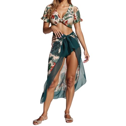 Maillot de bain floral 3 pièces avec ensemble bikini et jupe sarong de plage pour femme