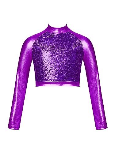 easyforever Kids Girls Sequins Mock Neck Long Sleeve Ballet Jazz Modern Hip Hop Dance Crop Top Sports Shirt Dancewear Purple 12 Years