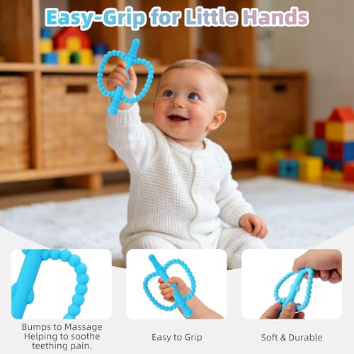 Image of Fu Store Hollow Teether Tube 3 Pack Apple Shape Chew Straw Sensory Toy for Infant Toddlers Silicone Tubes Teething Toys for Babies 0-6 0-12 0-36 Months (Pink, Dark Pink, Blue)