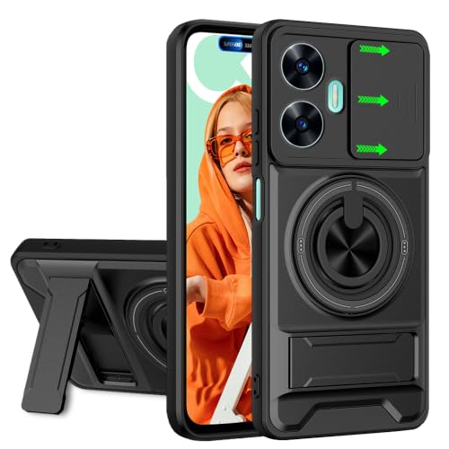 Image of AESTMO Realme Narzo N55 / C55 Back Cover | Armor Camera Slider 360 Degree Rotating Finger Ring Holder Case with Bracket Stand Back Case Cover (Compatible with MagSafe Accessories) Black