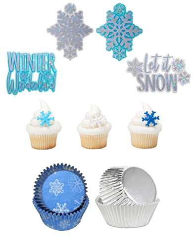 Winter/Christmas Snowflake Cupcake Toppers And Liners (Enough For 60 Cupcakes) With 3 Large Extra Matching Lay-On Decorations #TOP30