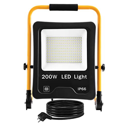 FIVMEN Faretto da lavoro a LED, 200 W, 16000 lm, con struttura e cavo da 3 m, impermeabile, IP66, per garage, officina, cantiere, bianco freddo