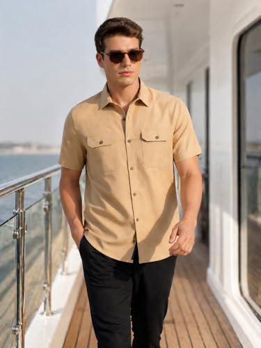 Image of Thomas Scott Men's | Solid | Half Sleeve | Slim Fit | Linen Blend | Double Flap Pocket | Spread Collar | Casual Shirt for Men