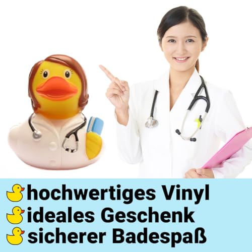 Duckshop I Badeente Ärztin inkl. Quietscheentchen-Schlüsselanhänger im Set I L8,5cm I Quietscheente I Geschenk für Mediziner I Präsent Sammler