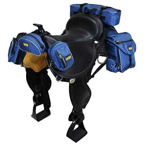 Trailmax 500 Series Deluxe 5-Pc Saddlebag System For Horse Trail Riding, With Front Pocket, Rear Saddle Bags, Cantle Bag, Pommel/Horn Pocket & Water Bottle W/Carrying Bag, Blue #TOP19