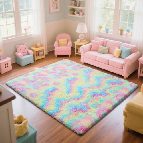 Rainbow Fluffy Rug Shaggy Area Rug, 5x8 Area Rugs for Girls Bedroom, Soft Cute Baby Play Mat, Indoor Floor Carpet for Teen, Nursery, Preppy Dorm, Plush Aesthetic Bedside Rug