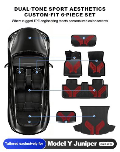 Image of Premium Color TPE Floor Mats 6-PCS for Tesla Model Y Juniper 2025 2026 | Racing Red Wing Design | Car Mat Full Set Front & Rear | All-Weather Protection, Pet & Child-Friendly Accessories