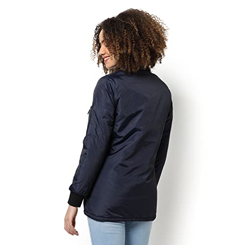 Image of PINACOLADA Women Blue Puffer Regular Fit Bomber Jacket For Winter Wear | Low-Cut Standing Collar | Full Sleeve | Zipper | Casual Jacket For Woman & Girl | Western Stylish Jacket For Women