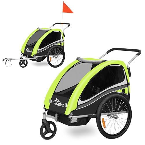 SAMAX Remorque Vélo Convertible Jogger 2en1 360° Rotatif pour 2 Enfants Amortisseur Transport Poussette en Vert - Black Edition