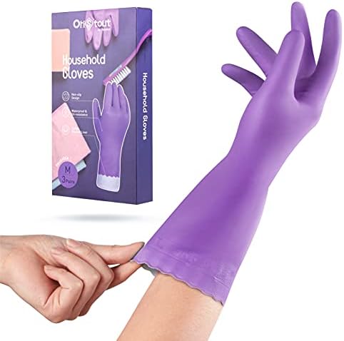 OriStout Household Cleaning Gloves Latex Free, Reusable Dishwashing Gloves Medium, for Kitchen, Bathroom, Cotton Lining, 1 Pair, Green, Medium