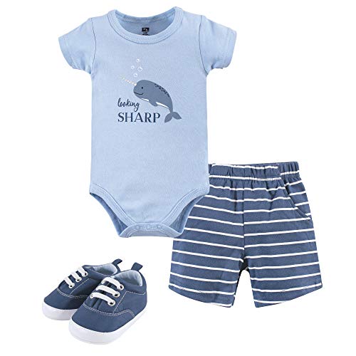 Image of Hudson Baby Unisex Baby Cotton Bodysuit, Shorts and Shoe Set