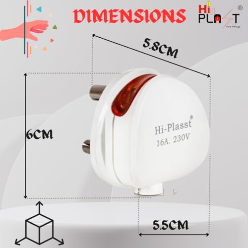 Image of HI-PLASST (Pack of 5) 16A 3 Pin Power Plug - Best for AC, Geyser & Microwave | 16 Amp Socket Plug | IS 1293 Certified | Brass Contacts | 16 amp plug top |16A electrical plug | 16A power plug