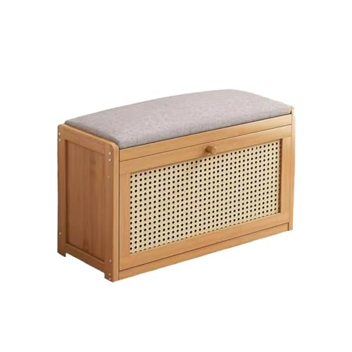 Scarpiera in legno con seduta imbottita, scarpiera a 2 ripiani in rattan, per ingresso, corridoio, soggiorno, camera da letto, design salvaspazio regolabile (50 x 25 x 45 cm)