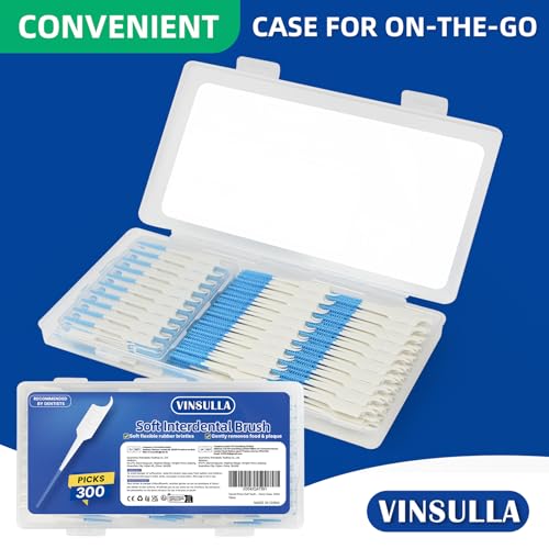 Image of VINSULLA Soft Silicone Interdental Brushes, 300 Count | BPA-Free Flexible Dental Picks with Travel Case for Gentle Teeth Cleaning, Blue