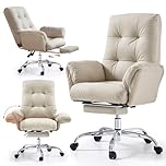 EMIAH Home Office Chair with Footrest, Criss Cross Chair with Wheels and Flip-up Arms, PU Leather Reclining Ergonomic Executive Desk Chair, Comfortable Rolling Computer Home Office Chairs (Beige)