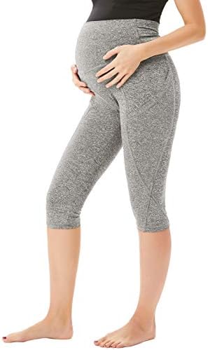 Women Maternity Over The Belly Active Lounge Comfy Capri Yoga Pants with Pocket (Medium, Capri Pants-Light Gray.)