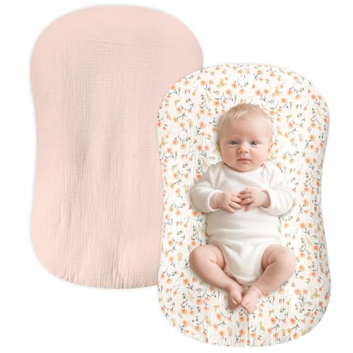 Image of Hooyax Baby Lounger Cover 2 Pack - 100% Muslin Cotton Newborn Lounger Pillow Covers Only, Soft Breathable Infant Lounger Cover with Reinforced Stitching, Fits Most Standard Baby Loungers (Pink Floral)