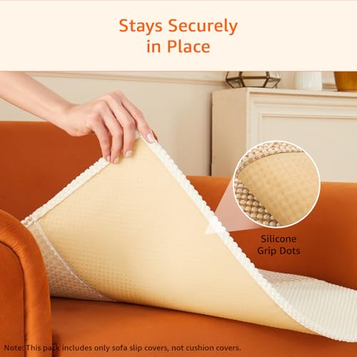 Image of Amazon Basics Knitted Fabric Sofa Cover for Single Seater, Playful Polka Dots, Non-Slip Sofa Pad, 70x70 cm, Soft Silicone Grip Dots, 100% Polyester, Machine Washable - Camel