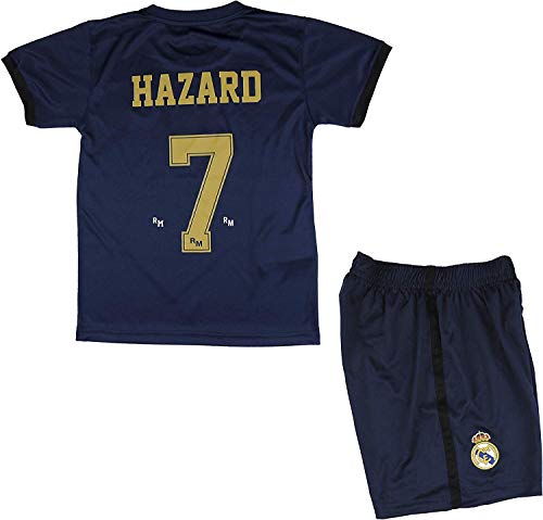 Real Madrid Conjunto Camiseta y Pantalón Segunda Equipación Infantil Hazard Producto Oficial Licenciado Temporada 2019-2020 Color Blanco (Azul Marino, Talla 10)