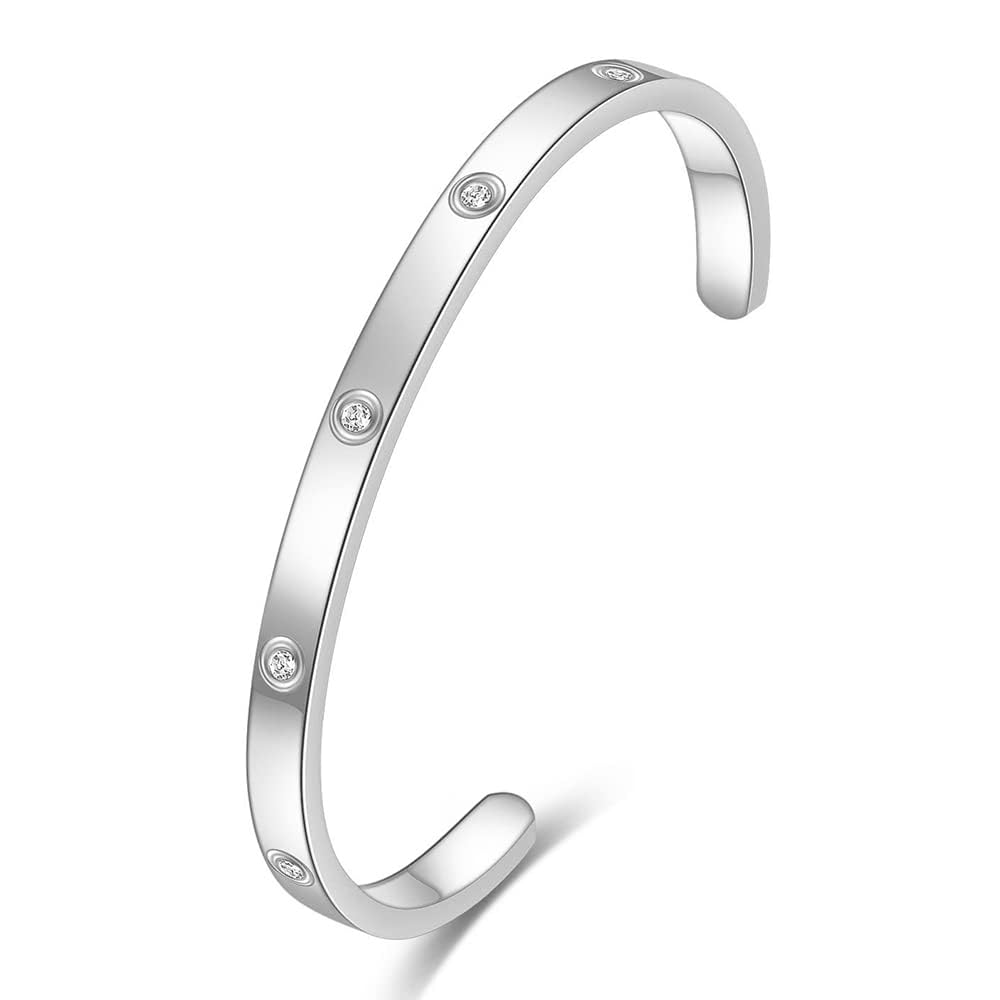 MYNENEY Rose Gold/Gold/Silver Titanium Stainless Steel Pave Cubic Zironia Simulate Diamond Stackable Oval Hinged Bangle Bracelet 6.5-7.5Inch (5mm-Cuff Silver, 7 Inch)