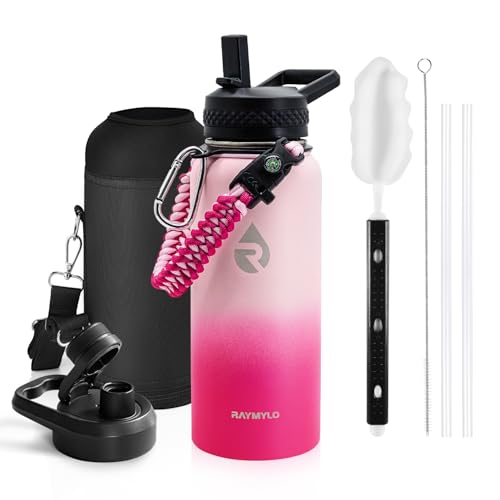 Image of RAYMYLO Insulated Water Bottle 32 oz, Triple Wall Vacuum Stainless Steel (Cold for 24Hrs, Hot for 12Hrs), Leak Proof & Non-BPA, Modern Water Flask Jug with Paracord Handle & Straw Spout Lids