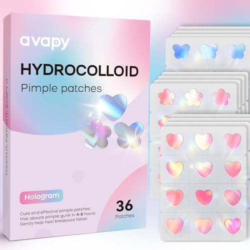 AVAPY Pimple Patches for Face, Cute Hydrocolloid Acne Patches, Colorful Hologram Heart Sport Stickers, Zits & Blemish, Pimple Patch with Salicylic Acid, Blue Pink Heart Butterfly Flower (36 Count)