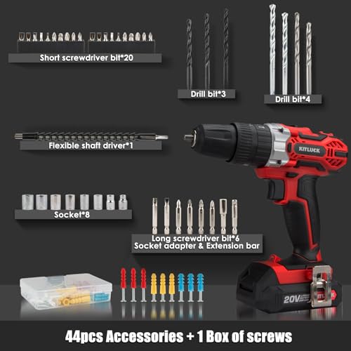 Cordless Drill Set, 20V Power Drill Kit with 2 X 2.0AH Battery, 44pcs Drill/Driver Bits, 1 Box Screws, Bubble Level, 3/8\'\' Chuck Electric Drill, 32NM, 21+3 Position, 2 Variable Speed