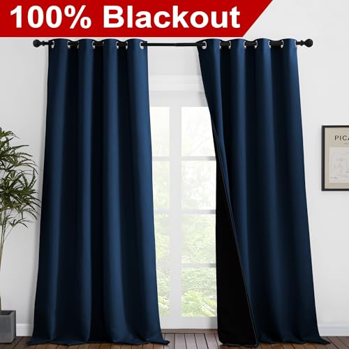 Image of NICETOWN 100% Blackout Blinds, Laundry Room Decor Window Treatment Curtains for Large Patio Sliding Door, Thermal Insulated Moroccan Blue Curtains for Bedroom, Set of 2, 52 inches x 108 inches
