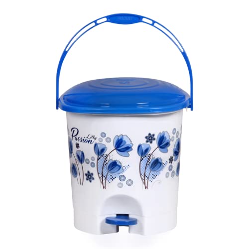 Image of GoodWill Tech Floral Printed Plastic Pedal Dustbin with Lid and Handle For Home, Kitchen, Office (White-Blue)