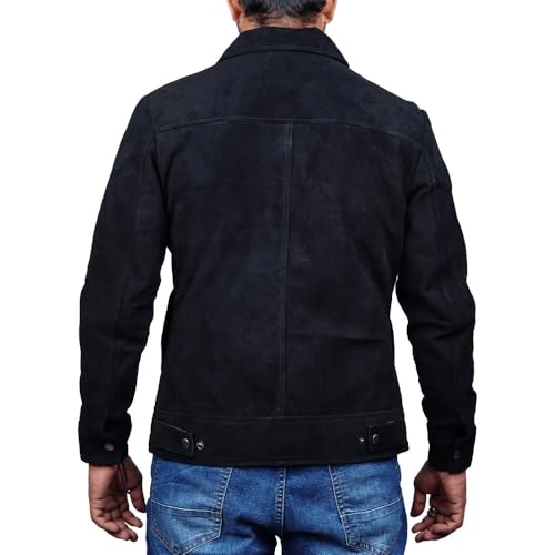 Image of Mens Polo Collar Zipper Suede Shirts Long Sleeve Shacket Suede Trucker Jacket Real Suede Leather Shirt
