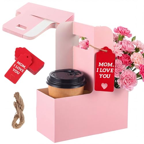MotiMind 8 Pack 2 Cup Drink Carrier with Handle Kraft Paperboard Cup Holder Portable for Mother's Day Teachers' Day for Hot Cold Drinks Coffee Caddy with Heart Card Rope (Pink)
