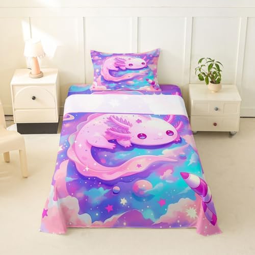 Image of jejeloiu Cute Axolotl Bed Sheets Sets Twin Size Kids Boys Girls Galaxy Planet Space Bedding Set Cartoon Animal Bed Sheet Set with 16-Inch Deep Pockets Pink Dreamy Starry 3Pcs with 1 Pillow Cases