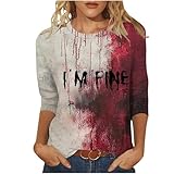 I'm Fine T Shirts for Women Halloween Bloody Shirts Blood Stained Horror T-Shirt Funny Letter Print Tops Going Out Casual Vintage Festival Outfits 3/4 Sleeve Tunic Blouse Cotton 2025 Fall