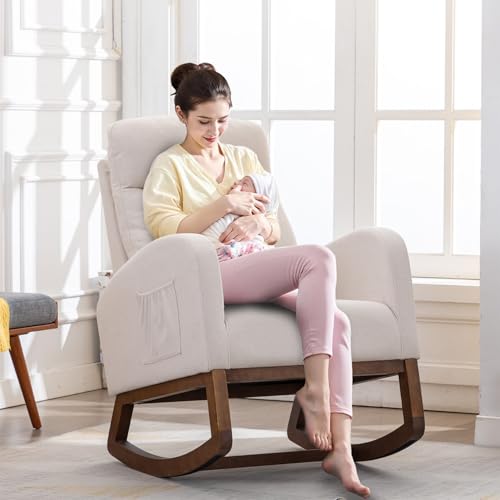 Image of MOONMISS Rocking Chair Nursery, Glider Chair with High Back and Side Pocket, Solid Wood Frame Armchair with Non-Slip Padding for Nursery, Living Room, Bedroom(Beige)