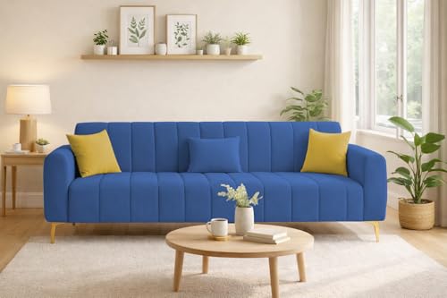 Image of Casaliving Velour Modern Velvet Sofa, Tufted Design Upholstered 3 Seater Sofa Set for Living Room, (Blue Colour) Premium Velvet Fabric Sofa