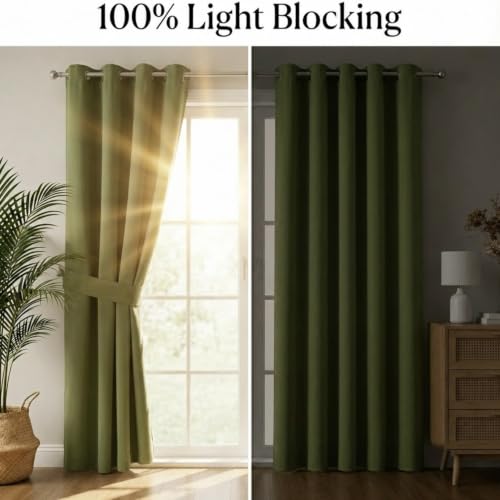 Image of 100% Blackout Window Curtains, 7 Feet, Solid Design, Faux Silk, Thermal Insulated, Noise Reducing Eyelet Door Curtain with Tie Back for Living Room & Bedroom, 115x210cm, Pack of 1 - Green