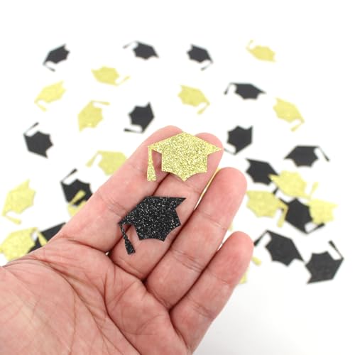 Image of 200PC Black Gold Grad Cap Graduation Confetti for Table Glitter Graduation Hat Table Scatter for Class of 2026 Grad Party Decorations