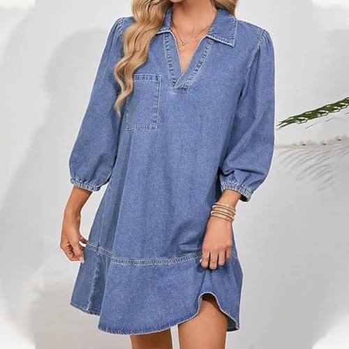 V Neck Denim Dress for Women 3/4 Sleeve Ruffle Denim Dress Summer Collared V Neck Loose Shirt Jean Dress with Pockets3