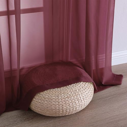 Image of OWENIE Sheer Curtains 2 Panels Set for Bedroom Living Room, Soft Solid Rod Pocket Light Filtering Window Treatment, 2Pcs Each 59 inch W x 96 inch L, Burgundy Wine