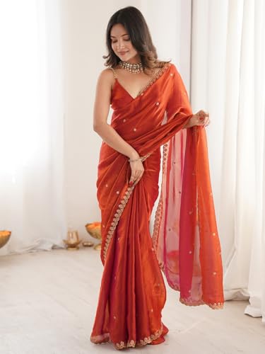 Image of AKHILAM Women's Shimmer Tissue Embroidered Saree With Unstitched Blouse Piece