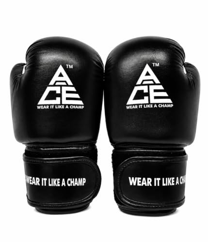 Image of ACE Genuine Leather Boxing Gloves | Adult Training Gloves for Sparring | Shock Absorbing Padding | Secure Wrist Strap | Punching Bag Workout | Black | 14 oz