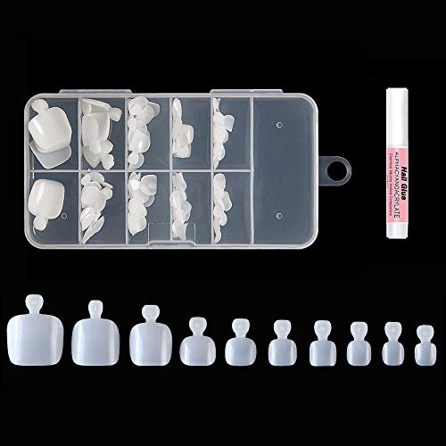 Buqikma 100Pcs Fake Toenail Tips Acrylic Nail Art with Nail Glue French Fake Toe Nail Tips 10 Sizes for Salons and DIY with Box (Natural)