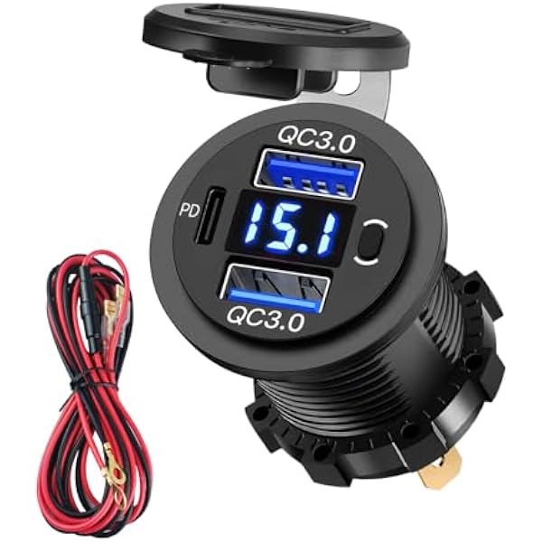 Gniazdo USB 12 V/24 V, Dual QC 3.0 18 W i 30 W, PD, adapter wtyczkowy z przełącznikiem i woltomierzem, wieloportowa ładowarka przewodowa USB, szybkie ładowanie do telefonu z systemem Android, iPad