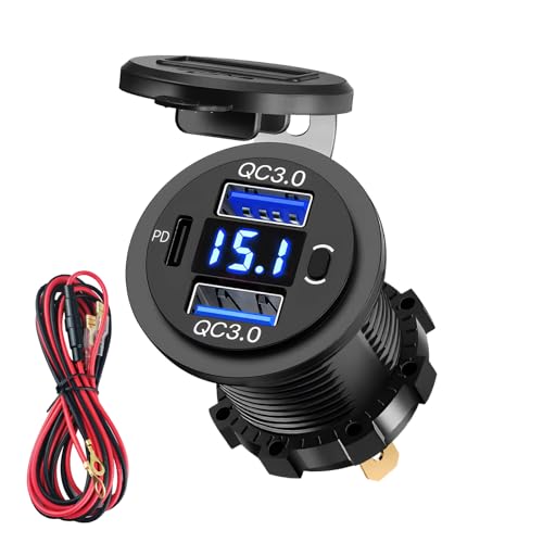 12V/24V Prise USB de Chargeur de Voiture, 72W Prise USB 12 Volts Double QC3.0 18W et 36W PD Adaptateur Allume-Cigarette 12V étanche avec Voltmètre et...