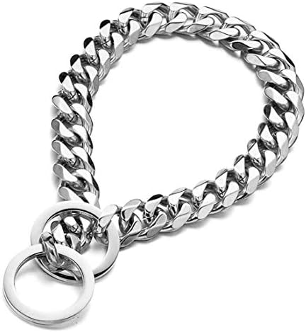 Loveshine Chain Dog Collar High Polished Silver Cuban Link Dog Chain Chain Collar Metal Stainless Steel Heavy Duty Slip Dog Collars for Medium Dogs(15MM, 26")