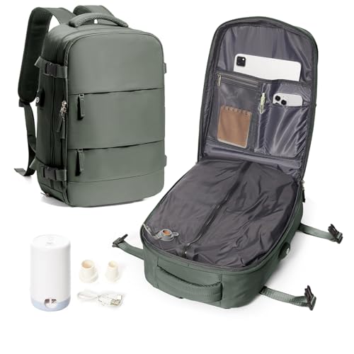 Vacuum Travel Backpack for Women Men Seal Compression Air Vacpack with Pump laptop Compression Bags with Shoe Compartment Flight Approved Personal item Travel Bag Carrry on Luggage Dark Green
