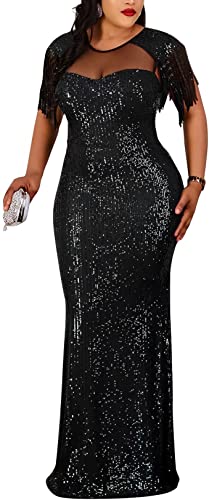 Cololura Sexy Sequin Tassel Sleeve Mesh Splice Perspective Party Cocktail Bodycon Wedding Evening Club Long Maxi Dress Black #TOP2